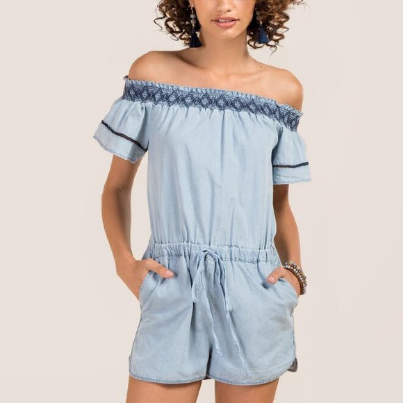 Francesca's Collections Pants - Light blue off the shoulder romper